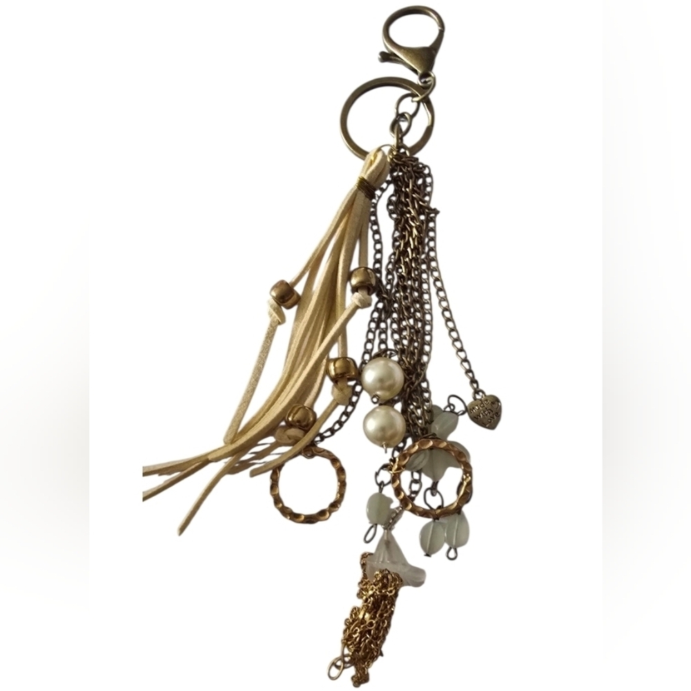 Leather Beads & Brass Handcrafted Purse Bag Charm/ Keychain One Of A Kind NEW